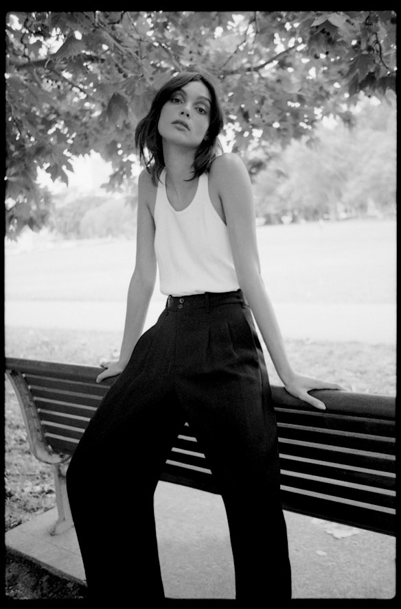 Bassike waffle singlet, $130. CO wool pants, $1799, from David Jones.