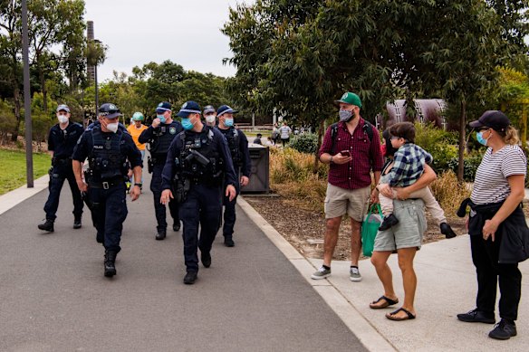 Police patrol at Sydney Park in anticipation of planned anti-lockdown protests today. 