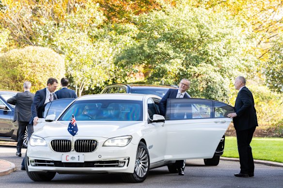 Prime Minister Anthony Albanese departs in the prime ministerial limousine.