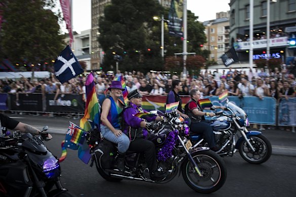 Dykes on bikes ride through Taylor Square.  Photo: Dominic Lorrimer