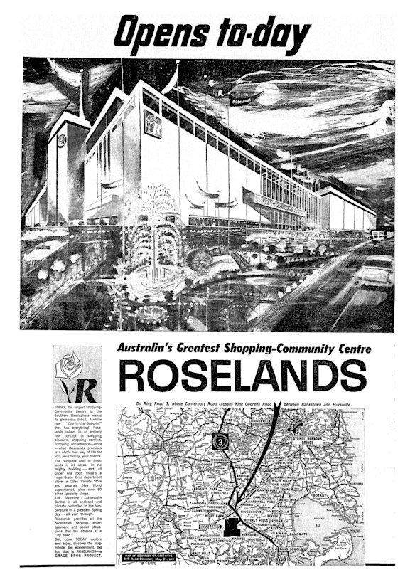 The Roselands supplement, published on October 12, 1965: "The shopping community centre is all enclosed and climate controlled to the temperature of a pleasant spring day, all year through."