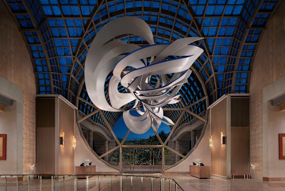 Cornucopia, an art installation by American painter and sculptor Frank Stella, dominates the Ritz-Carlton’s lobby.