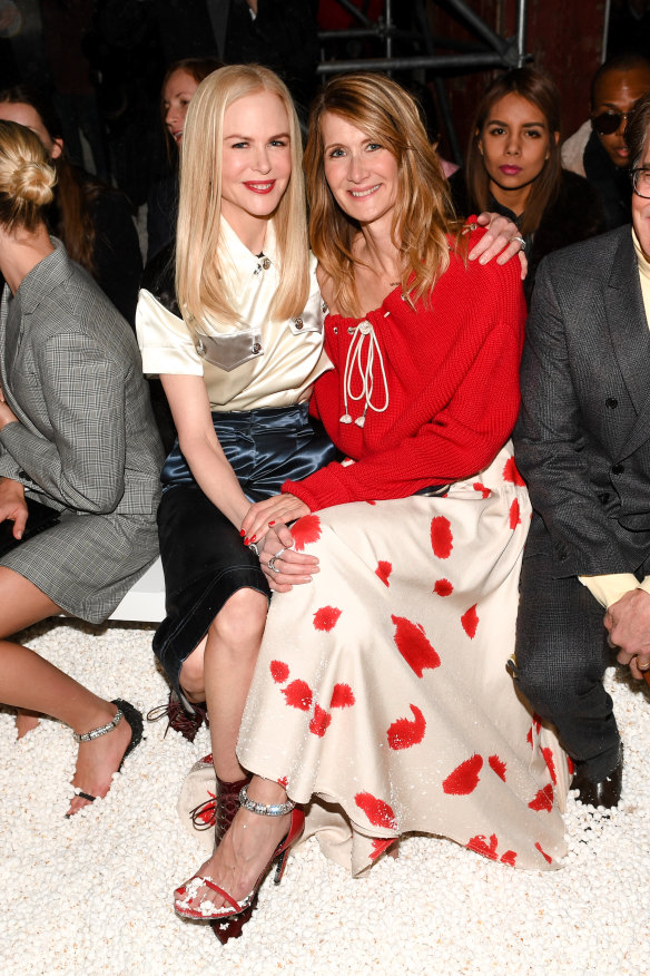 Nicole Kidman (left) and Laura Dern at the Calvin Klein show, where the runway was covered in popcorn.