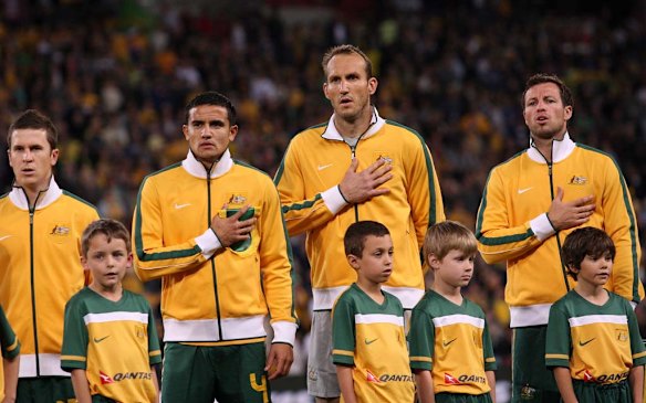 Matthew McKay, Tim Cahill, Mark Schwarzer and Lucas Neill before the World Cup qualifier against Thailand last year.