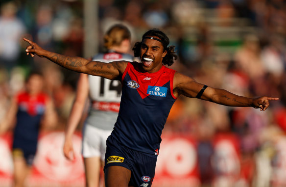 Kysaiah Pickett celebrates one of his six goals in round 18 in Alice Springs.