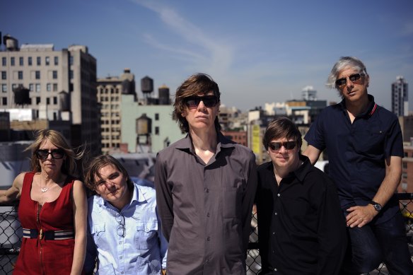 Sonic Youth on the roof of Thurston Moore and Kim Gordon's Manhattan apartment building in 2009. From left,  Kim Gordon, Mark Ibold, Thurston Moore, Steve Shelley and Lee Ranaldo. 
