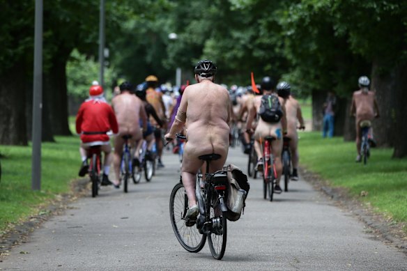 Cyclists take off for the 2021 Naked Bike Ride in Melbourne.