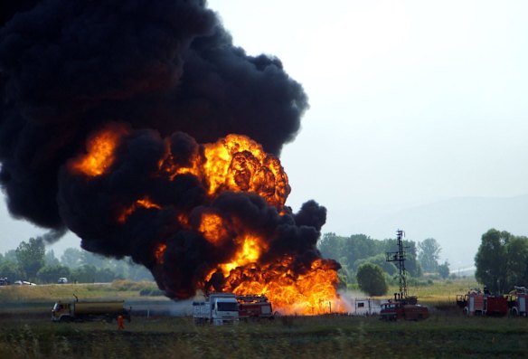 With no rules or geography, physical boundaries mostly meaningless, real-world institutions, governments, and businesses often donât know who is hacking them, why, and what their intention is.  
Firemen struggle to extinguish the fire at the Baku-Tbilisi-Ceyhan pipeline near the eastern Turkish city of Erzincan on August 7, 2008, which was later ruled as being caused by a cyber attack. 