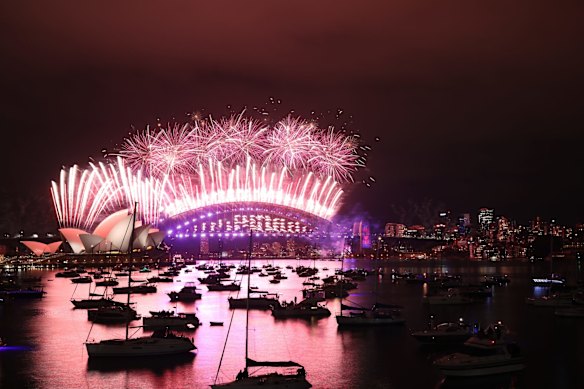 The New Years Eve Fireworks in Sydney Harbour as seen from Mrs Macquaries Point in Sydney at midnight, Jan 1, 2021. Bring on the New Year!