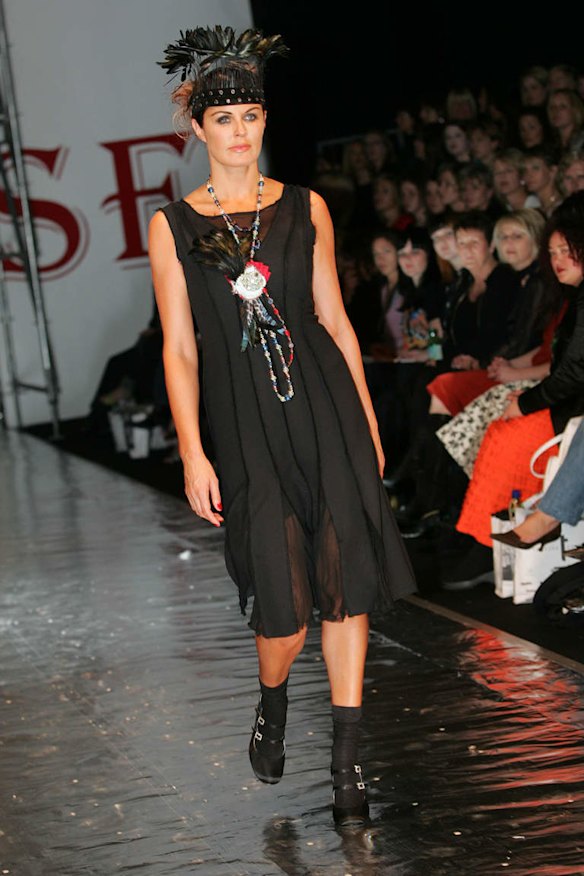 Charlotte Dawson models for the Trelise Cooper Autumn/Winter Collection in 2004.
