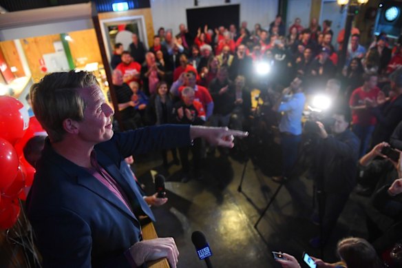 A very happy Dan Hayes talks to supporters after a huge improvement in Country Labor vote.