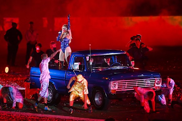 SMH NEWS. Rita Ora performs during the 43rd Sydney Gay and Lesbian Mardi Gras Parade at the Sydney Cricket Ground (SCG) in Sydney. 6th March 2021. Photo:Â Steven SaphoreÂ / SMH