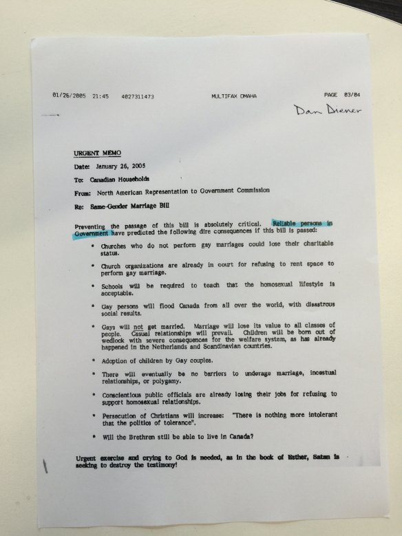 A 2005 letter from the senior leaders of the Canadian Exclusive Brethren instructing members to campaign against gay marriage.