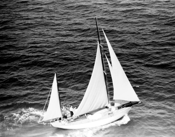 Wayfarer, pictured from the air on 29 December 1945 off the Australian coast during the Sydney to Hobart Yacht Race.  Wayfarer, the last to finish, still holds the record for the longest time to complete the race.
