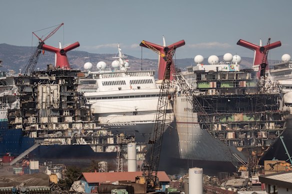 Five cruise ships are seen being broken down for scrap metal at the Aliaga ship recycling port in Izmir, Turkey. With the global coronavirus pandemic pushing the multi-billion dollar cruise industry into crisis, some cruise operators have been forced to cut losses and retire ships earlier than planned. The crisis however has bolstered the years intake of ships at the Aliaga ship recycling port with business up thirty percent on the previous year.  