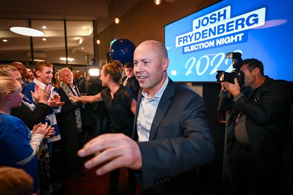 Josh Frydenberg thanks Liberal party supporters at the Grace Park Hawthorn Club late Saturday. He had not yet conceded defeat in Kooyong, saying thousands of postal votes are still to be counted, but acknowledged it would be "definitely difficult."
