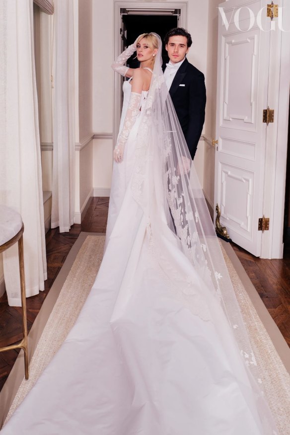 Heiress and actress Nicola Peltz in Valentino and Brooklyn Beckham in Dior at their multi-million dollar wedding on the weekend, featured in British Vogue.