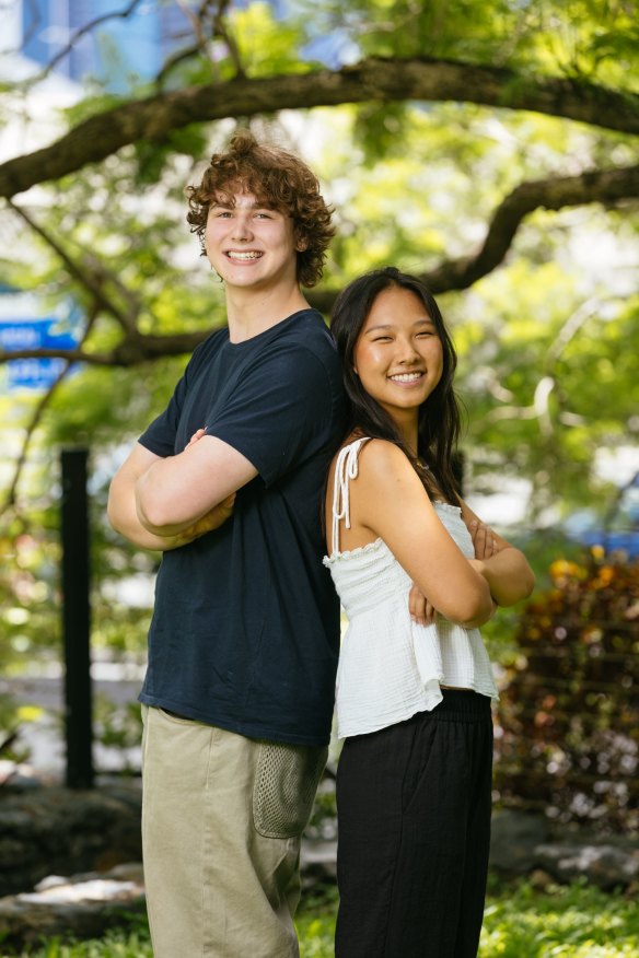 Big smiles for Lachlan Howie and Kaiyu Su, two of the 36 students in Queensland to receive top ATAR scores of 99.95.