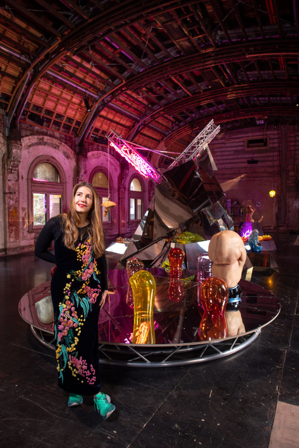 Patricia Piccinini with some of her new works in the Flinders Street ballroom.