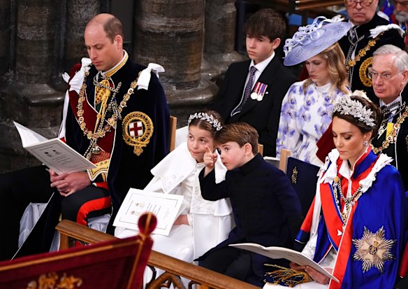 Prince William, Princess Charlotte, Prince Louis and Catherine, the Princess of Wales during the coronation ceremony.