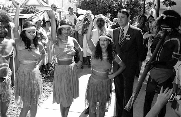 Operation Aborigine was launched by the NSW Premier Neville Wran at a ceremony at the co-operative college, Tranby at Glebe, in the background is Mr Dick Roughsey on the 1st of February 1979.