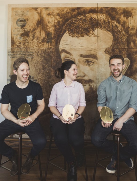From left: Winner of the Australian Barista Championships Matthew Lewin, Brewer's Cup Champion Yanina Ferreyra, and Hugh Kelly who came second in the Australian Barista Championships.
