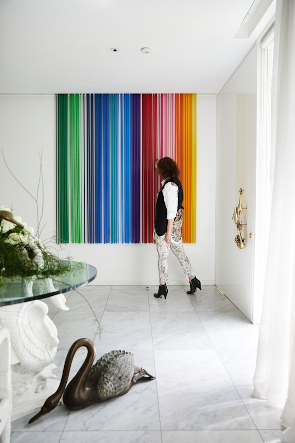 The hanging rods are from my collection exploring the use of wind chimes to ward off evil spirits,” says Stanford. The door handle is her design for Flowers Vasette.