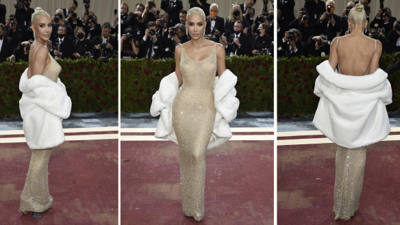 Kim Kardashian on the Met Gala red carpet in the Monroe gown.