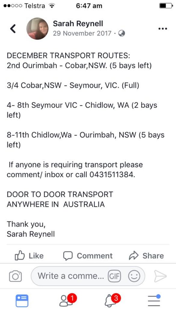 A screenshot from Sarah Reynell's Facebook page from last year, suggesting which dates she will be in WA.