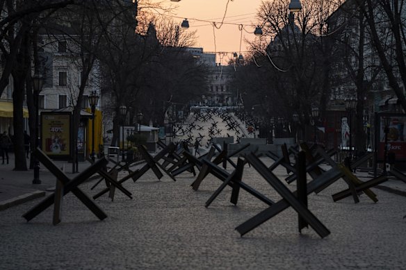 Anti-tank barricades are placed on a street as preparation for a possible Russian offensive, in Odesa, Ukraine.