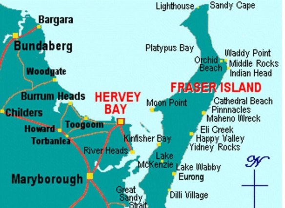 A map of Fraser Island showing the area known as Cathedrals, inland from Cathedral Beach.