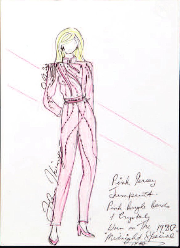 Fleur's costume sketch inscribed "Olivia Meets the Queen at The Opera House Concert 1980".