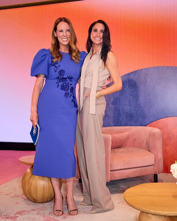 Gemma O’Neill with Meghan, Duchess of Sussex, wearing Scanlan Theodore, at the Her Best Life retreat in Coogee.