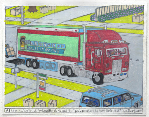Samraing Chea, As that Moving Truck Arrives, A Heroic Kid and His Family are about to Move their Stuff from Their House, 2017; greylead and colour pencil on paper, 25 x 32.5 cm
