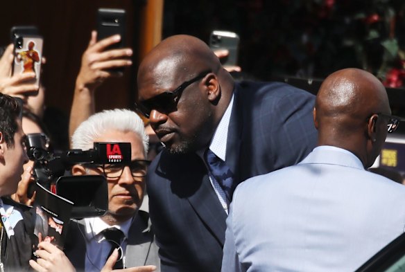 Shaquille O'Neal greets friends and fans as he departs the Celebration of Life for Kobe and Gianna Bryant memorial service.
