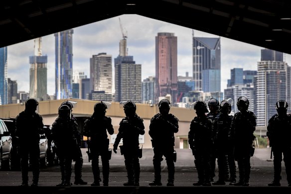 Training demonstration with the Public Order Response Team and Dog Squad, Victoria Police.
