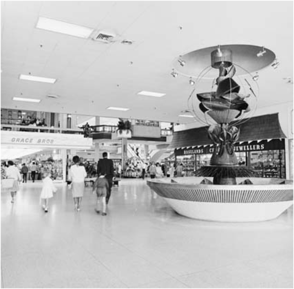 Roselands' shopping centre's "rose fountain" with Grace Bros. in the background.