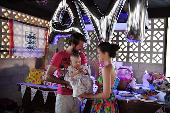 Bethan and Johnny McElwee hold a first birthday party for their daughter Aviana at their Darwin home.