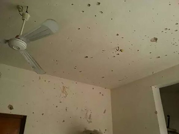 Shrapnel marks on the walls and ceilings of destroyed buildings in the streets of Fallujah, a city under the control of the Islamic State, also known as ISIS. Fallujah, Iraq.