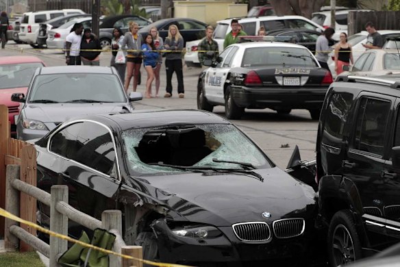 The vehicle of the alleged shooter is pictured at one of the crime scenes after a series of drive-by shootings in the Isla Vista section of Santa Barbara.