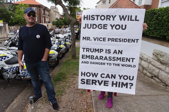 An anti-Donald Trump protestor near Kirribilli House.
