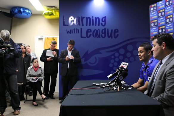 The Hayne Plane: Jarryd Hayne faces the media with Eels CEO Paul Osborne after he was involved in an incident at a Kings Cross nightclub in 2011.