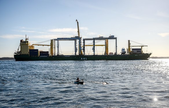 Swimmer Grant Siedle re-enacts the swim of Doug Mew across the rip from Point Lonsdale to Point Nepean on the same day 13th June just wearing speedos. Grant just makes it through the shipping lane before a ship passes through. Photo: Justin McManus