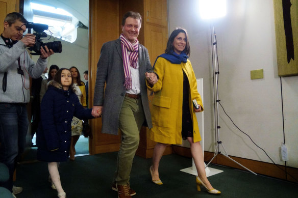Nazanin Zaghari-Ratcliffe, Richard Ratcliffe and their daughter Gabriella arrive for a press conference.