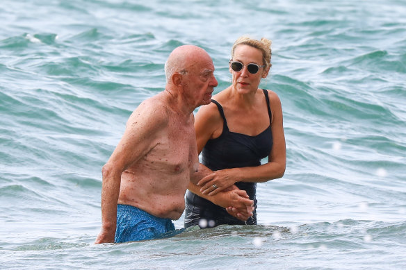 Rupert Murdoch, 87, gets a helping hand from his fourth wife, Jerry Hall, 62, in St Tropez this week.
