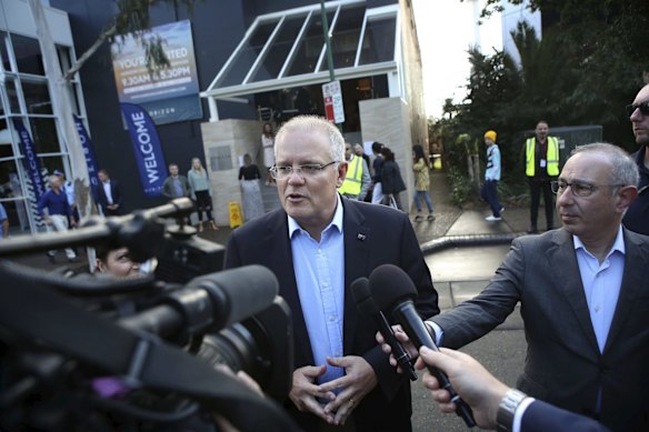 Newly elected Prime Minister Scott Morrison speaks to the media outside the Horizon Church in Sutherland.