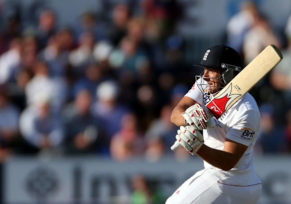 England's Tim Bresnan plays a hook shot.