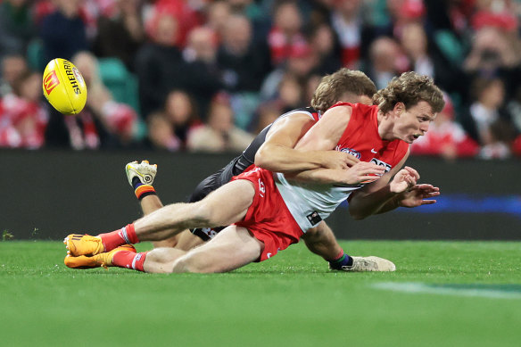 Cause for concern: While Swan Nick Blakey avoided concussion in this tackle, Saint Dan Butler still faces scrutiny from the match review officer.