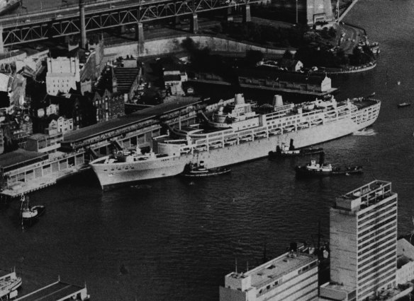 "This aerial picture was taken by a "Herald" staff photographer yesterday as the 42,000-ton Oriana, of the P and Q orient fleet, maneuvered into her berth at the new Circular Quay terminal. December 30, 1960. "