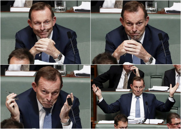 Tony Abbott reacts to a Prime Minister Malcolm Turnbull answer  on the NEG during question time on Monday.